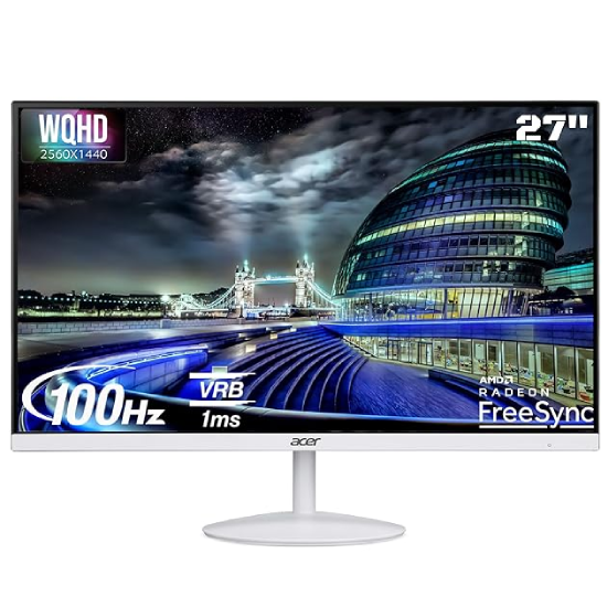 Acer SA272U E 27 Inch WQHD 2560x1440 Resolution IPS Ultra Slim (7.2mm) Backlight LED LCD Monitor I 100Hz Refresh I 1 MS VRB I HDR 10 I AMD Free Sync I 2xHDMI 1xDP I Stereo Speakers I Eye Care I White